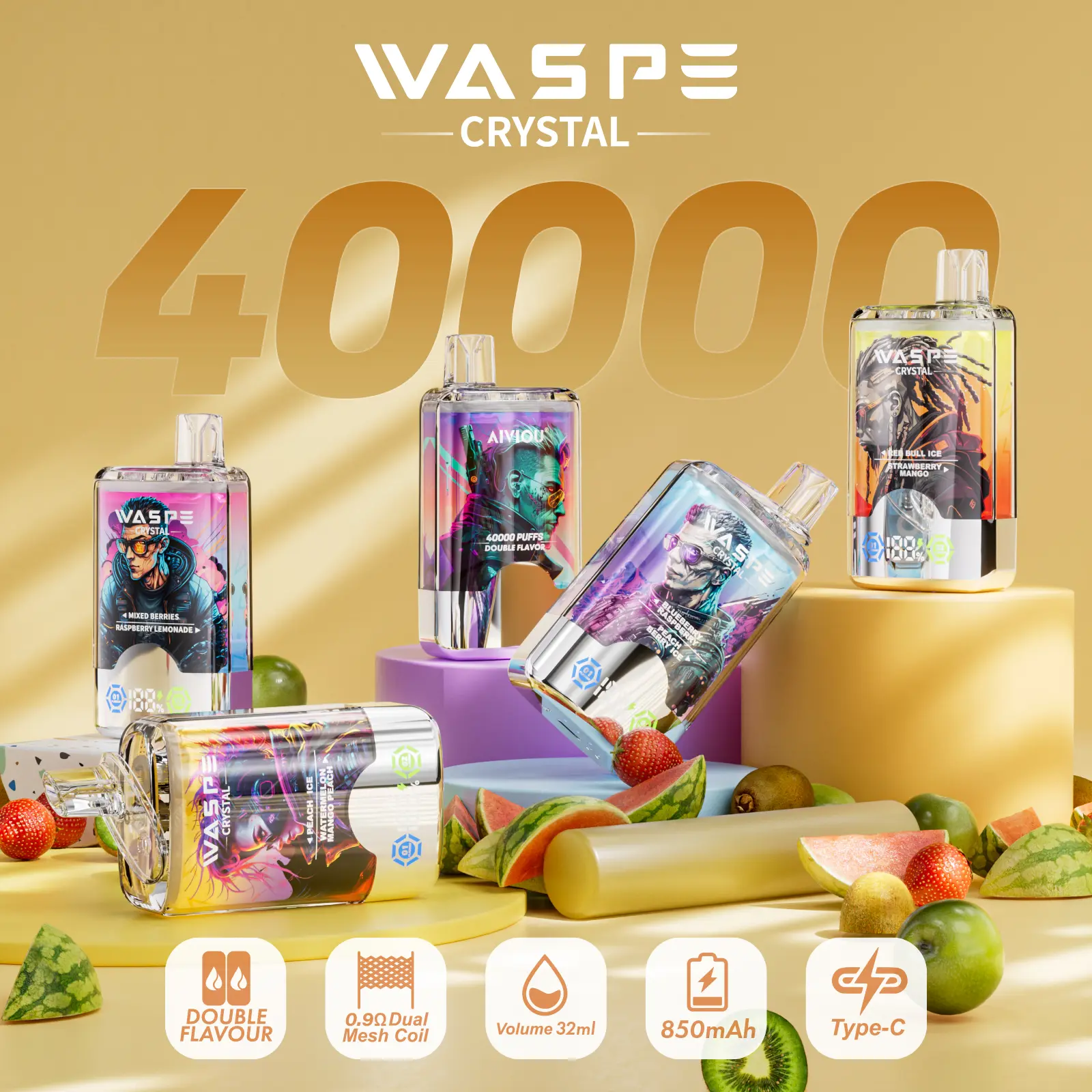 WASPE Crystal 40000 Puffs Dual flavor LCD Screen...
